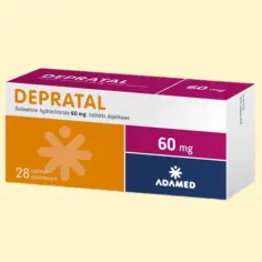 Opakowanie leku DEPRATAL 60 mg, zawierające 28 tabletek dojelitowych.