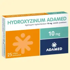 Opakowanie tabletek na uspokojenie Hydroxyzine Adamed 10 mg, zawierające 25 tabletek powlekanych.