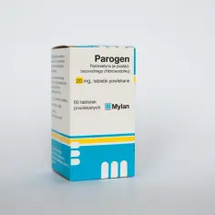 Opakowanie leku Parogen 20 mg, zawierające 60 tabletek powlekanych. Producent Mylan.