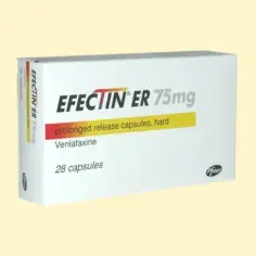 Opakowanie leku Efectin ER 75mg, zawierające 28 kapsułek o przedłużonym uwalnianiu z wenlafaksyną.