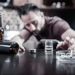 Mężczyzna w rozpaczy, otoczony butelkami i popielniczką z niedopałkiem. Nexpram i alkohol to jego towarzysze.