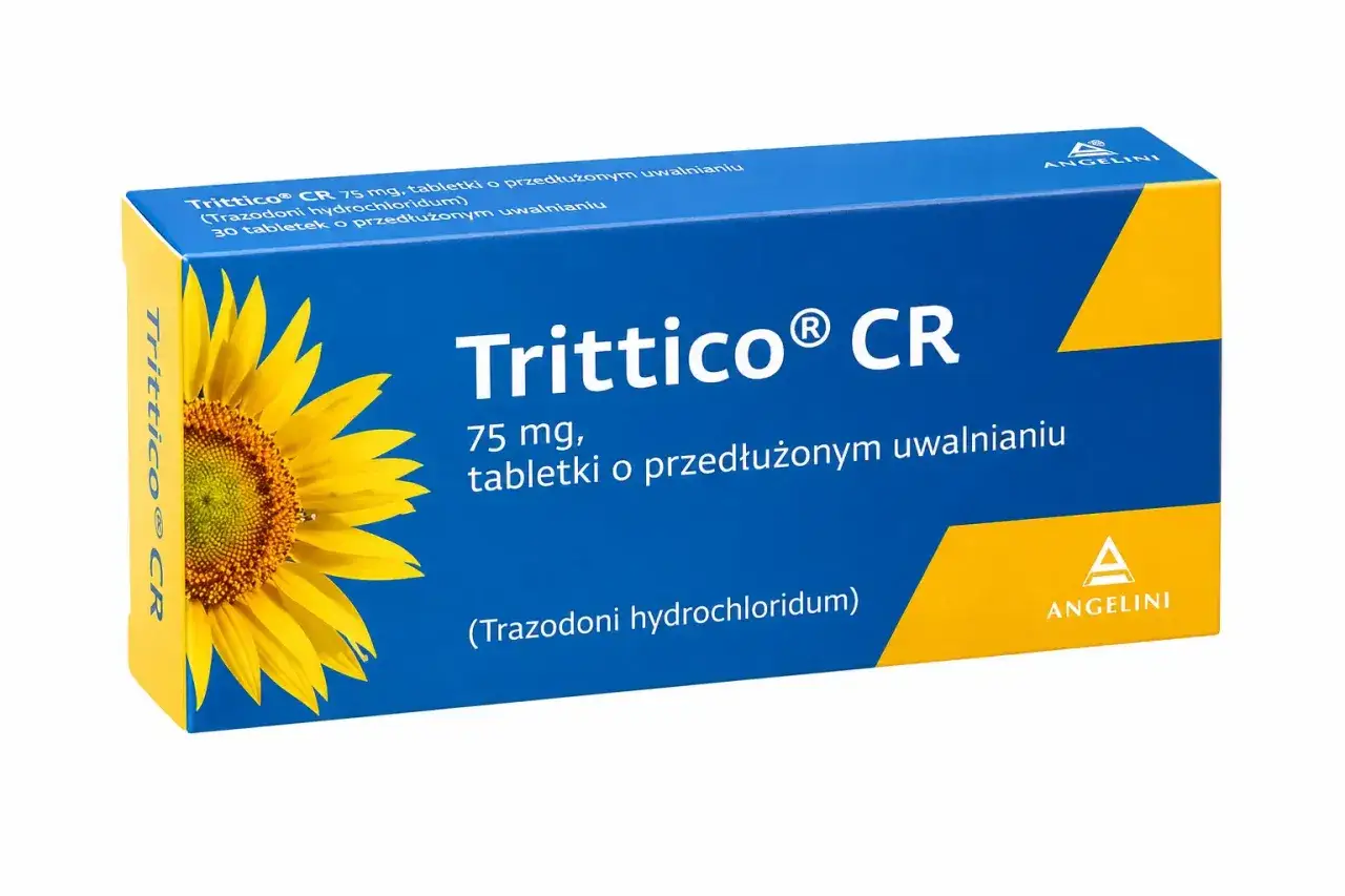 Opakowanie leku Trittico CR 75 mg z symbolem słonecznika. Tabletki o przedłużonym uwalnianiu.