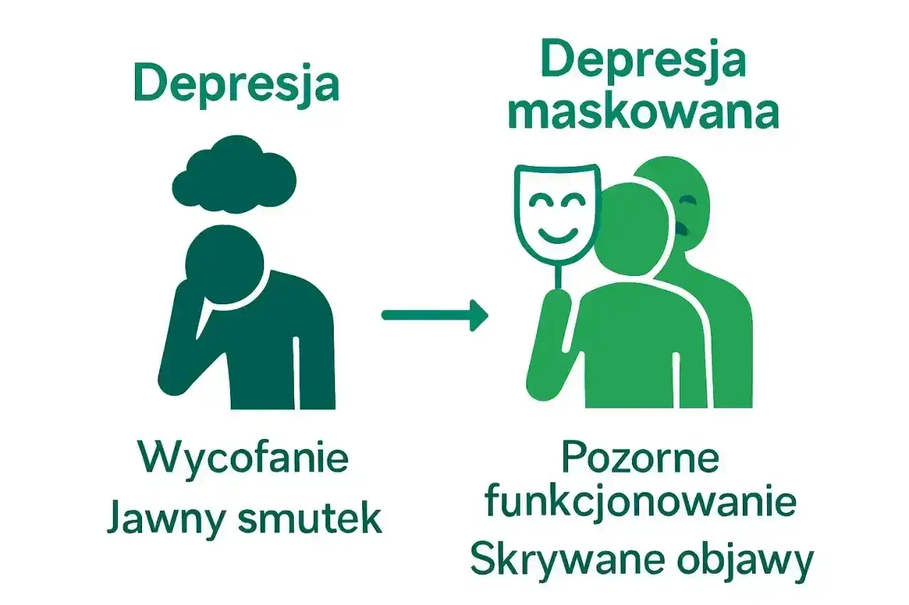 Ilustracja pokazuje przejście od jawnego smutku i wycofania do pozornego funkcjonowania z ukrytymi objawami. Czy depresja lękowa jest uleczalna? Tak, dzięki terapii.