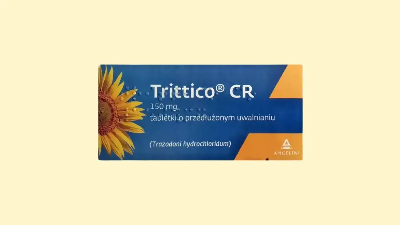 Opakowanie Trittico CR 150 mg, tabletek o przedłużonym uwalnianiu, stosowanych na depresję i bezsenność.