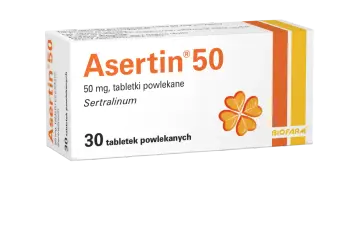 Opakowanie leku Asertin 50 mg, 30 tabletek powlekanych. Szukasz zamienników Asertin 50?